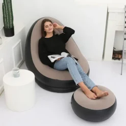 Oppustelig Flocking PVC Foldbar Stol med Fodskammel Komfortabel Oppustelig Lounge til Udendørs Camping Rejse Kaffe