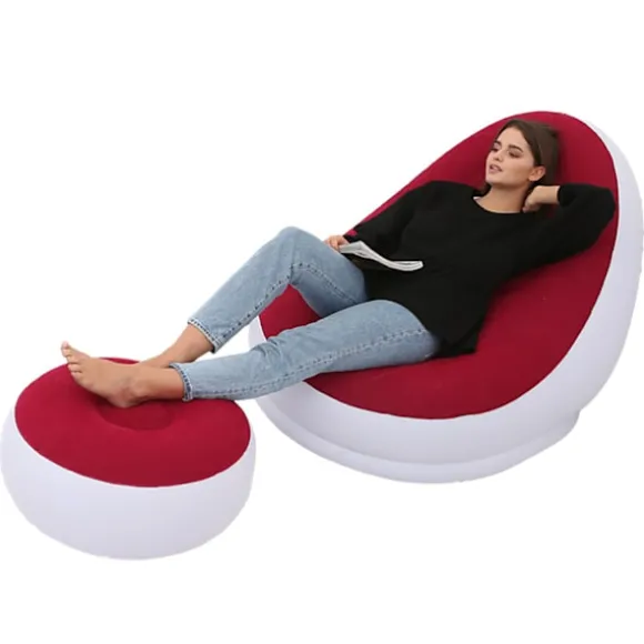 Oppustelig stol Foldbar flokket PVC Behagelig med fodskammel Blow Up Lounge stol til udendørs campingture Rød