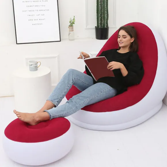 Oppustelig stol Foldbar flokket PVC Behagelig med fodskammel Blow Up Lounge stol til udendørs campingture Rød
