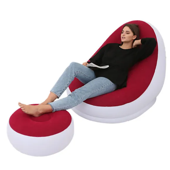 Oppustelig Stol Foldbar Flocking PVC Komfortabel med Fodskammel Blæs Op Lounge Stol til Udendørs Camping Rejse Rød