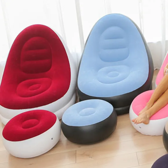 Oppustelig Stol Foldbar Flocking PVC Komfortabel med Fodskammel Blæs Op Lounge Stol til Udendørs Camping Rejse Rød