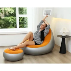 Oppustelig udendørs sofa, sammenklappelig lænestol pvc flocking oppustelig sofa (med fodpumpe) Orange