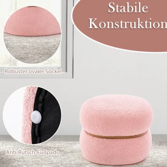 Oval skammel med skridsikre trædepuder. Polstret forbindingsskammel lavet af Sherpa pink 44 x 35 x 35 cm
