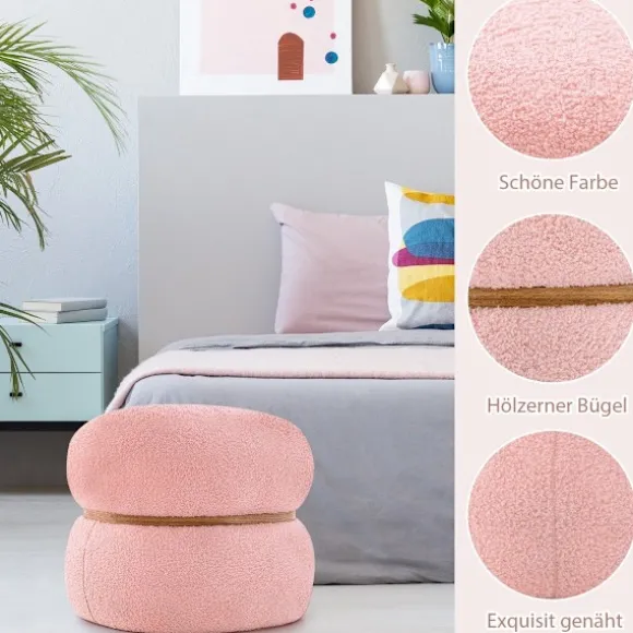 Oval skammel med skridsikre trædepuder. Polstret forbindingsskammel lavet af Sherpa pink 44 x 35 x 35 cm