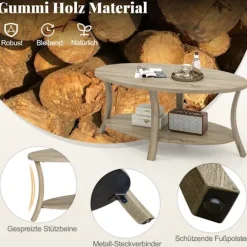 Ovalt sofabord med hylde, 2-lags gummitræsdesign