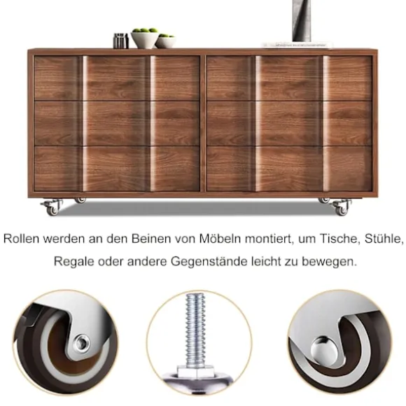 4-pak M8 x 15 mm drejelige hjul med gevind og bremser, 50 mm lydløse styrehjul til indendørs møbler, 360-graders rotation, 2 bremser