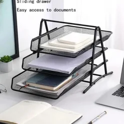 Papirbakke i flere niveauer, skrivebordsorganisator i mesh, dokumentholder A4, filsortering, brevbakke 3 niveauer sort 3 niveauer