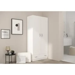 PARISOT Garderobeskab 2 hængslede låger + 1 skuffe - Spånplade - Hvid indretning - L 78 cm x D 38 cm x H 170 cm - VARIA Vit
