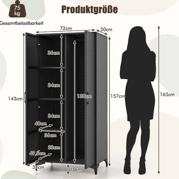 PE rattan garderobe med 2 døre & Tøjstang & amp; 4 rums garderobe sort