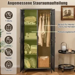 PE rattan garderobe med 2 døre & Tøjstang & amp; 4 rums garderobe sort