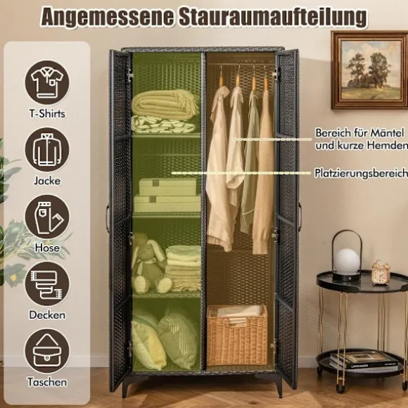 PE rattan garderobe med 2 døre & Tøjstang & amp; 4 rums garderobe sort
