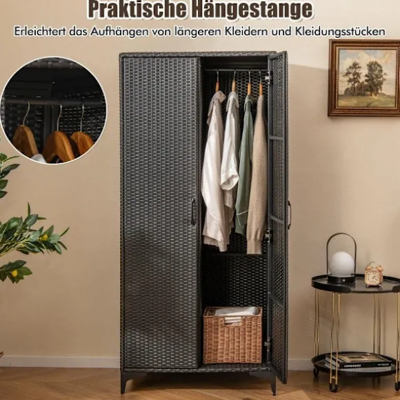 PE rattan garderobe med 2 døre & Tøjstang & amp; 4 rums garderobe sort