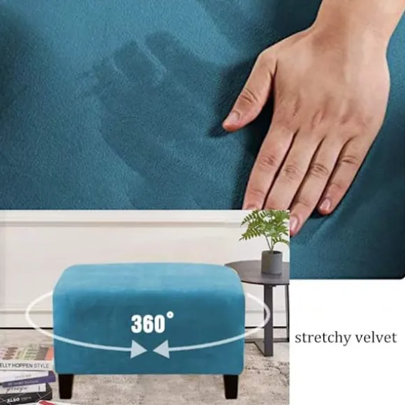 (Peacock Blue) Stretch Pouf Covers Velvet Ottoman Cover Rectangle