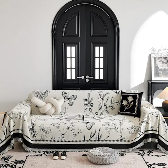 3-personers sofa blødt sofabetræk med kvaststribe blomstermotiv, vendbart skridsikkert futonbetræk L-formet sofabetræk 180 cm x 300 cm - Sort Black