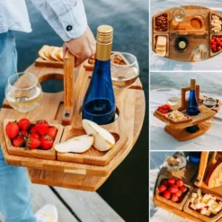 Picnicbord med vinglasholder, bærbar, hængende vinglas, frugtplade