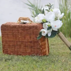 Picnickurv, Vævet Vintage Kuffert i Flettet Kurv Vævet Opbevaringskurv Rotting Opbevaringsboks Picnic Vævet L