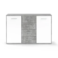 PILVI lav skænk - 2 låger og 4 skuffer - Hvid og lys beton - L 122,6 x D 34,2 x H 81,1 cm Vit/ljusgrå betongoptik