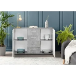 PILVI lav skænk - 2 låger og 4 skuffer - Hvid og lys beton - L 122,6 x D 34,2 x H 81,1 cm Vit/ljusgrå betongoptik