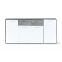 PILVI lav skænk - 4 låger og 2 skuffer - Hvid og lys beton - L 162,3 x D 34,2 x H 88,1 cm Vit/ljusgrå betongoptik