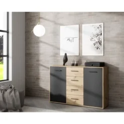 PILVI skænk - Moderne stil - Melaminpartikler - Eg og sort indretning - 2 låger + 4 skuffer - L 122,6 x D 34,2 x H 81,7 cm Hantverkarek kombinerad med svart | Fyndiq