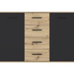 PILVI skænk - Moderne stil - Melaminpartikler - Eg og sort indretning - 2 låger + 4 skuffer - L 122,6 x D 34,2 x H 81,7 cm Hantverkarek kombinerad med svart | Fyndiq