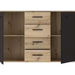 PILVI skænk - Moderne stil - Melaminpartikler - Eg og sort indretning - 2 låger + 4 skuffer - L 122,6 x D 34,2 x H 81,7 cm Hantverkarek kombinerad med svart | Fyndiq