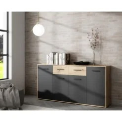 PILVI skænk - Moderne stil - Melaminpartikler - Eg og sort indretning - 4 låger + 2 skuffer - L 162,3 x D 34,2 x H 81,7 cm Hantverkarek kombinerad med svart | Fyndiq