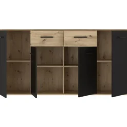 PILVI skænk - Moderne stil - Melaminpartikler - Eg og sort indretning - 4 låger + 2 skuffer - L 162,3 x D 34,2 x H 81,7 cm Hantverkarek kombinerad med svart | Fyndiq