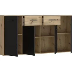 PILVI skænk - Moderne stil - Melaminpartikler - Eg og sort indretning - 4 låger + 2 skuffer - L 162,3 x D 34,2 x H 81,7 cm Hantverkarek kombinerad med svart | Fyndiq
