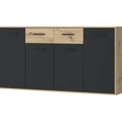 PILVI skænk - Moderne stil - Melaminpartikler - Eg og sort indretning - 4 låger + 2 skuffer - L 162,3 x D 34,2 x H 81,7 cm Hantverkarek kombinerad med svart | Fyndiq