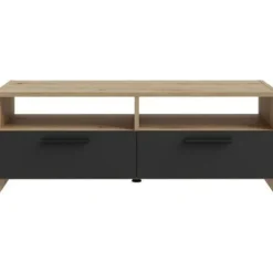 PILVI tv-møbel - Moderne stil - Eg og sort indretning - 2 klapper + 2 nicher - L 95 x D 36 x H 34,5 cm Hantverkarek kombinerad med svart