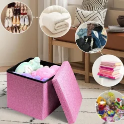 Pink Ottoman Opbevaringsboks med låg, Flad Opbevaringsboks, Legetøjskasse, Pouf Fodskammel med Opbevaring, Memory Box, Gadget Opbevaring Pink