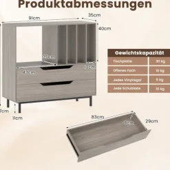Pladespillerstativ med 4 vinylpladser og 2 skuffer, grå