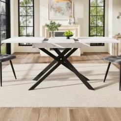 Pladsbesparende spisebord, der kan forlænges fra 120-160 cm, hvidt marmorlook og sorte metalben, til køkken og stue White+Black