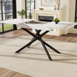 Pladsbesparende spisebord, der kan forlænges fra 120-160 cm, hvidt marmorlook og sorte metalben, til køkken og stue White+Black