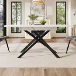 Pladsbesparende spisebord, der kan forlænges fra 120-160 cm, hvidt marmorlook og sorte metalben, til køkken og stue White+Black