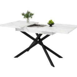 Pladsbesparende spisebord, der kan forlænges fra 120-160 cm, hvidt marmorlook og sorte metalben, til køkken og stue White+Black