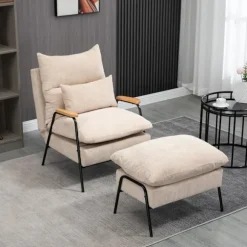 Polstret lænestol med fodskammel, lænestol med lænefunktion, polstret stol, hynde, tv-lænestol, 68 x 91,5 x 88 cm, beige