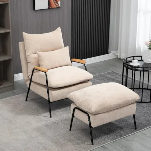 Polstret lænestol med fodskammel, lænestol med lænefunktion, polstret stol, hynde, tv-lænestol, 68 x 91,5 x 88 cm, beige
