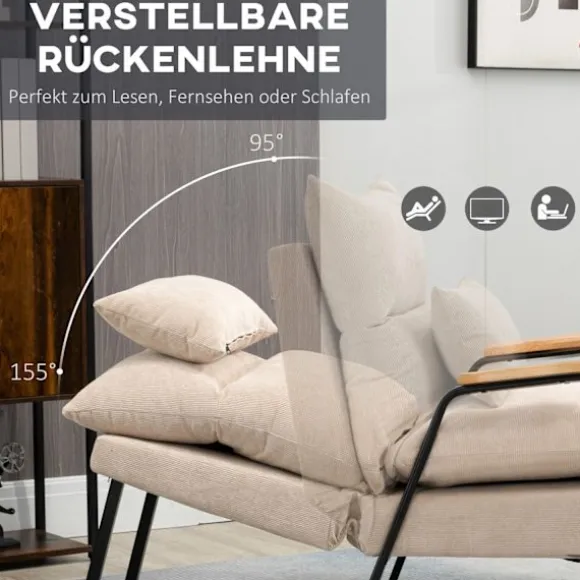 Polstret lænestol med fodskammel, lænestol med lænefunktion, polstret stol, hynde, tv-lænestol, 68 x 91,5 x 88 cm, beige