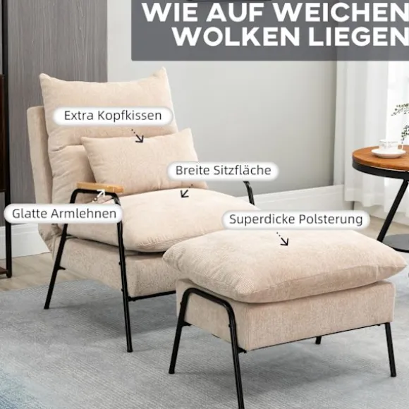Polstret lænestol med fodskammel, lænestol med lænefunktion, polstret stol, hynde, tv-lænestol, 68 x 91,5 x 88 cm, beige