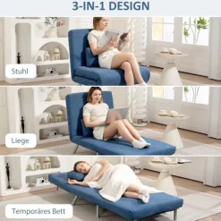 Polstret lænestol med sengefunktion, 2-i-1 design, sovelænestol, gæsteseng, stofbetræk, med pude, blå