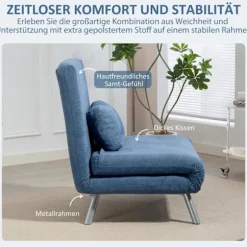 Polstret lænestol med sengefunktion, 2-i-1 design, sovelænestol, gæsteseng, stofbetræk, med pude, blå
