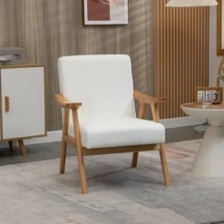 Polstret Loungestol I Fløjlslook Med Armlæn, Scandi Design, Cremefarvet, 68X74X82Cm