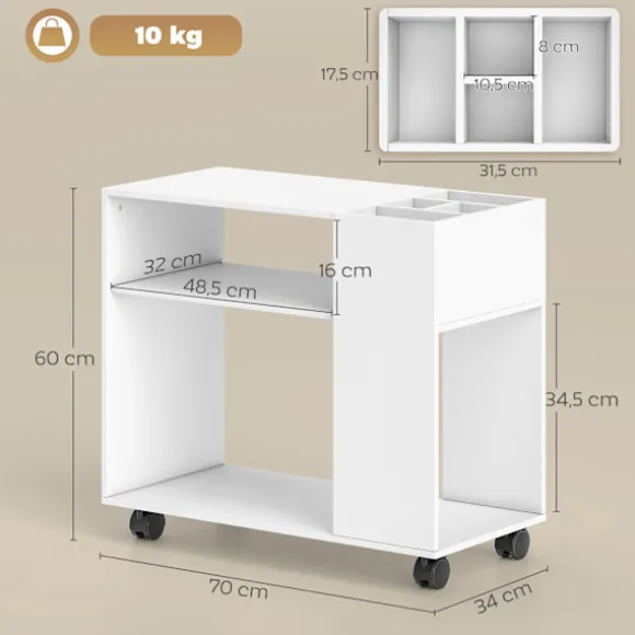 Printerstativ med hylder, hvid, 70 x 34 x 60 cm