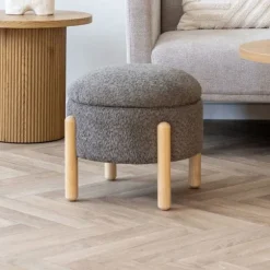 Puf med opbevaring 45x36 cm brun boucle effekt og naturfarvede ben brun