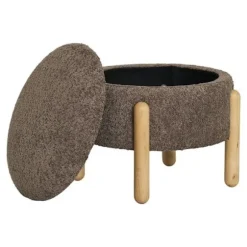 Puf med opbevaring 45x36 cm brun boucle effekt og naturfarvede ben brun