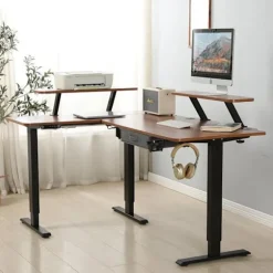 Radlove 160x120cm L Form Højdejusterbart hjørneskrivebord - elektrisk højdejusterbart sidde-stå skrivebord, eg farve Beige