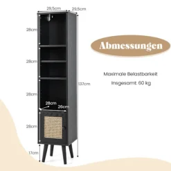 Rattan bogreol med 4 hylder & dør, Boho Style