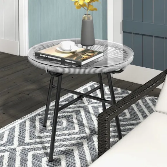 Rattan Sidebord, Bistrobord, Sofabord Med Glasbordplade, Rundt, Til Terrasse, Balkon, Sort + Grå, 50X50X50Cm